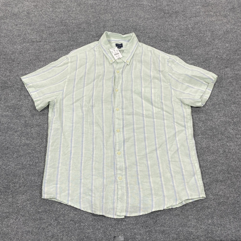 J.Crew Shirt Mens XL Green Striped Short Sleeve Linen Button Up Casual Summer